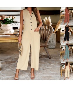 Fashion Sleeveless Jumpsuit With Button Design Casual Temperament Wide Leg Pants For Women's Clothing  