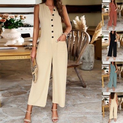 Fashion Sleeveless Jumpsuit With Button Design Casual Temperament Wide Leg Pants For Women's Clothing  
