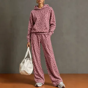 Women's Retro Leopard Print Hooded Sweatshirt And Wide Leg Trousers Set Casual Two Piece Outfit