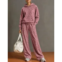 Women's Retro Leopard Print Hooded Sweatshirt And Wide Leg Trousers Set Casual Two Piece Outfit