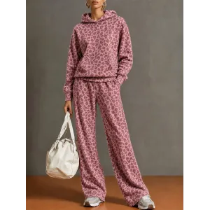 Women's Retro Leopard Print Hooded Sweatshirt And Wide Leg Trousers Set Casual Two Piece Outfit