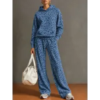 Women's Retro Leopard Print Hooded Sweatshirt And Wide Leg Trousers Set Casual Two Piece Outfit