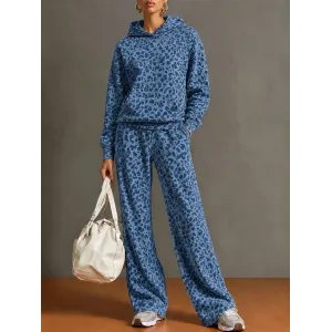 Women's Retro Leopard Print Hooded Sweatshirt And Wide Leg Trousers Set Casual Two Piece Outfit