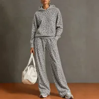 Women's Retro Leopard Print Hooded Sweatshirt And Wide Leg Trousers Set Casual Two Piece Outfit