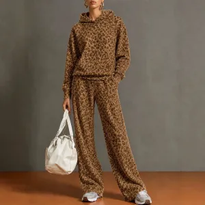 Women's Retro Leopard Print Hooded Sweatshirt And Wide Leg Trousers Set Casual Two Piece Outfit