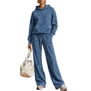 Women's Retro Leopard Print Hooded Sweatshirt And Wide Leg Trousers Set Casual Two Piece Outfit