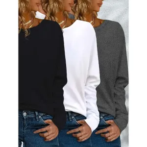 3 Pack Womens Plus Size Long Sleeve Shirts Crew Neck Basic Tee Tops Loose Fit Fall Outfits For Women 1X-5X