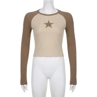 Stars Patchwork Long Sleeve T-shirts Women Slim Tops