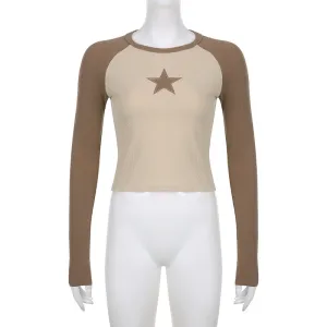 Stars Patchwork Long Sleeve T-shirts Women Slim Tops