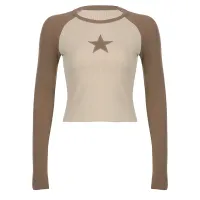 Stars Patchwork Long Sleeve T-shirts Women Slim Tops