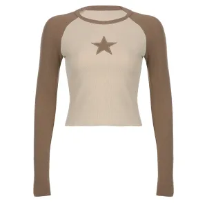 Stars Patchwork Long Sleeve T-shirts Women Slim Tops