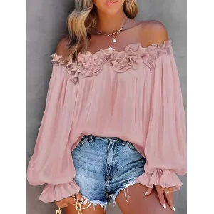 Casual Blouses Shoulder Off-Shoulder Long Sleeve Top Lotus Leaf Sleeve Shirt Loose Women's Clothing
