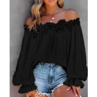 Casual Blouses Shoulder Off-Shoulder Long Sleeve Top Lotus Leaf Sleeve Shirt Loose Women's Clothing