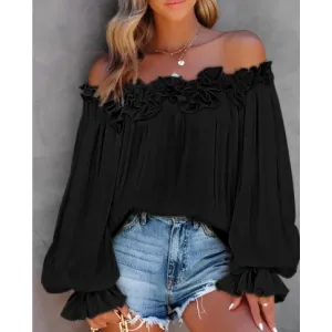 Casual Blouses Shoulder Off-Shoulder Long Sleeve Top Lotus Leaf Sleeve Shirt Loose Women's Clothing