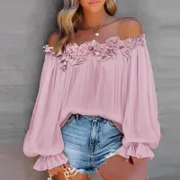 Casual Blouses Shoulder Off-Shoulder Long Sleeve Top Lotus Leaf Sleeve Shirt Loose Women's Clothing