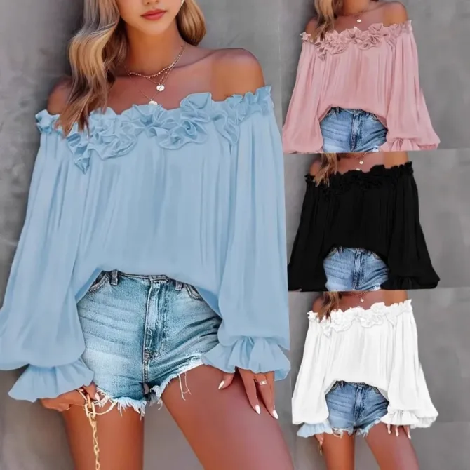 Casual Blouses Shoulder Off-Shoulder Long Sleeve Top Lotus Leaf Sleeve Shirt Loose Women's Clothing