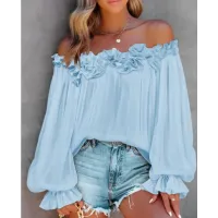 Casual Blouses Shoulder Off-Shoulder Long Sleeve Top Lotus Leaf Sleeve Shirt Loose Women's Clothing