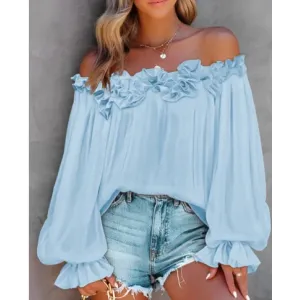 Casual Blouses Shoulder Off-Shoulder Long Sleeve Top Lotus Leaf Sleeve Shirt Loose Women's Clothing