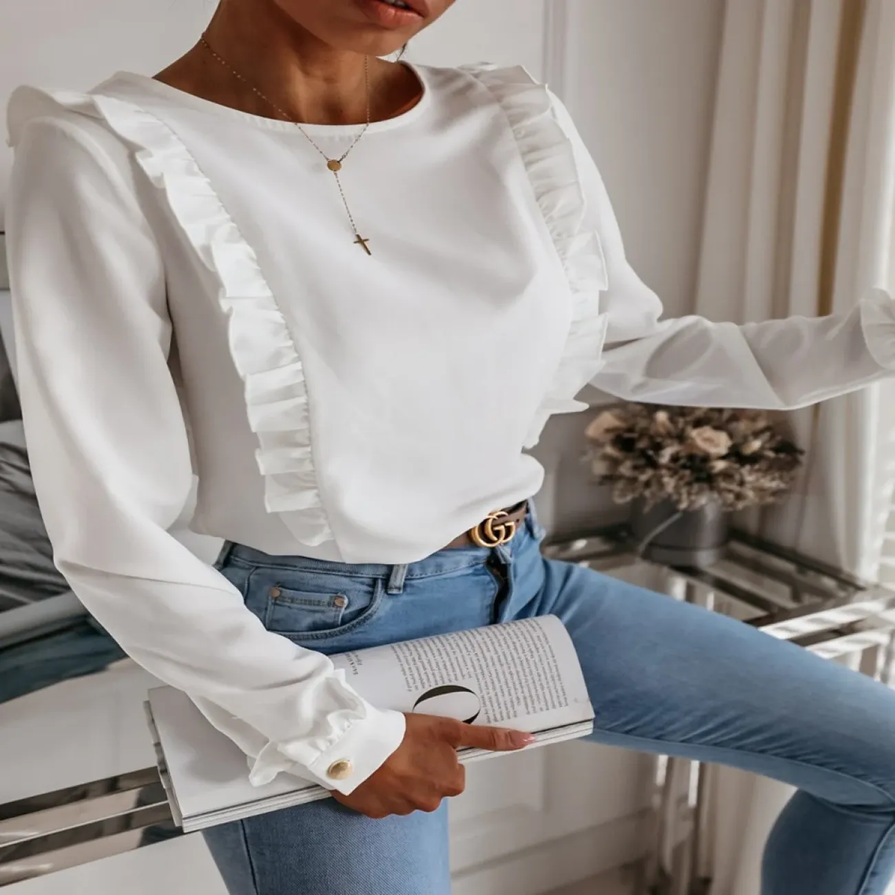 Long Sleeve Round Neck Casual Ruffle Blouse