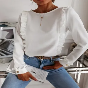 Long Sleeve Round Neck Casual Ruffle Blouse