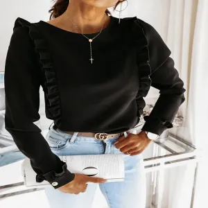 Long Sleeve Round Neck Casual Ruffle Blouse