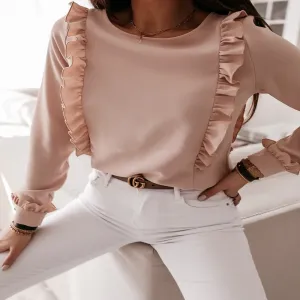 Long Sleeve Round Neck Casual Ruffle Blouse