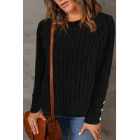Women Ribbed Knit Long Sleeve Top Crew Neck Blouse With Decorative Buttons On Cuffs Casual Loose Shirts