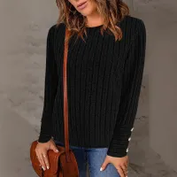 Women Ribbed Knit Long Sleeve Top Crew Neck Blouse With Decorative Buttons On Cuffs Casual Loose Shirts