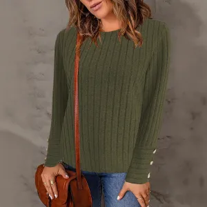 Women Ribbed Knit Long Sleeve Top Crew Neck Blouse With Decorative Buttons On Cuffs Casual Loose Shirts