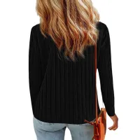 Women Ribbed Knit Long Sleeve Top Crew Neck Blouse With Decorative Buttons On Cuffs Casual Loose Shirts