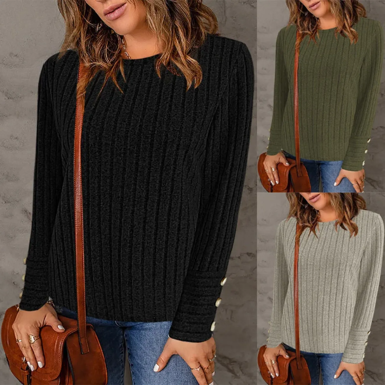 Women Ribbed Knit Long Sleeve Top Crew Neck Blouse With Decorative Buttons On Cuffs Casual Loose Shirts