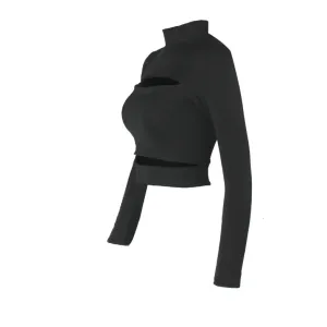 Europe Sexy Hollow Cross-border Long-sleeved High-necked Blouses Short Top