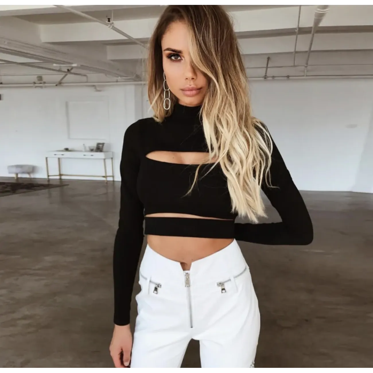 Europe Sexy Hollow Cross-border Long-sleeved High-necked Blouses Short Top