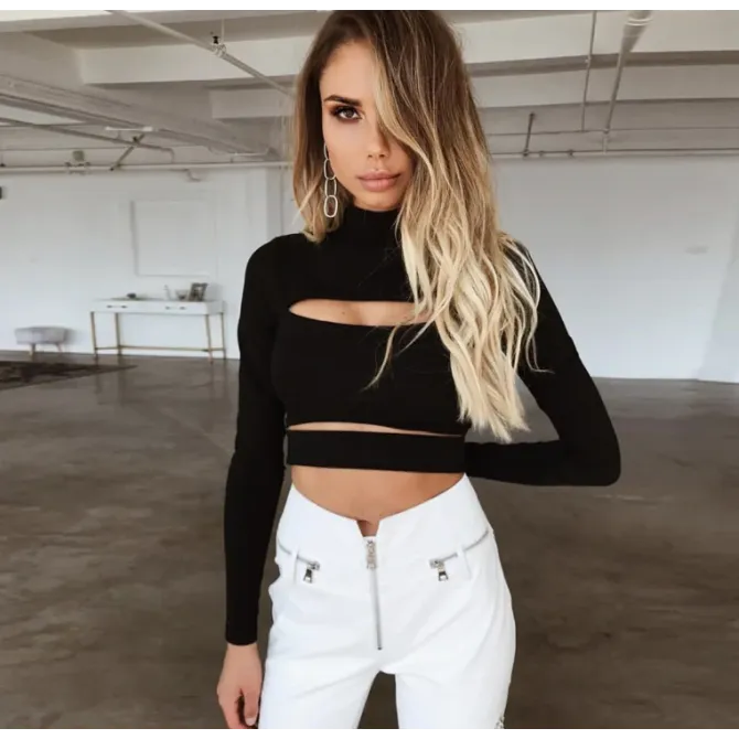Europe Sexy Hollow Cross-border Long-sleeved High-necked Blouses Short Top