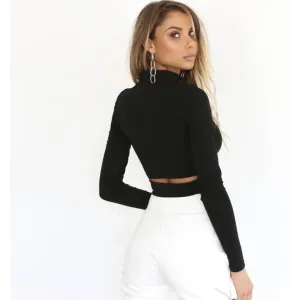 Europe Sexy Hollow Cross-border Long-sleeved High-necked Blouses Short Top