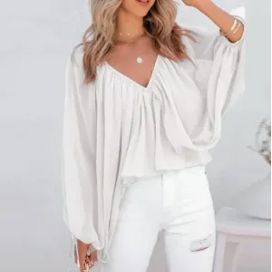 Solid V-Neck Long Sleeve Casual Top Women's Shirt