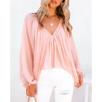 Solid V-Neck Long Sleeve Casual Top Women's Shirt