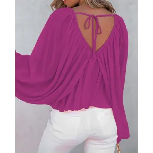 Solid V-Neck Long Sleeve Casual Top Women's Shirt