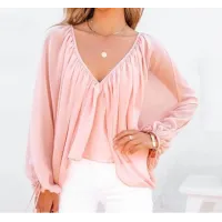 Solid V-Neck Long Sleeve Casual Top Women's Shirt