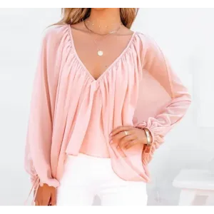 Solid V-Neck Long Sleeve Casual Top Women's Shirt