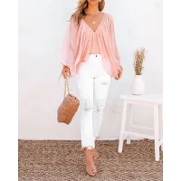 Solid V-Neck Long Sleeve Casual Top Women's Shirt