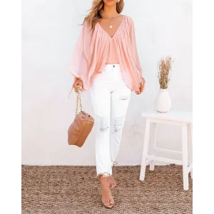 Solid V-Neck Long Sleeve Casual Top Women's Shirt