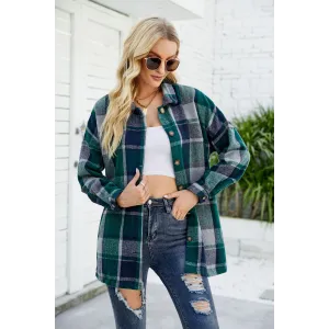 Women's Long-sleeved Plaid Shirt Mid-length Woolen Coat