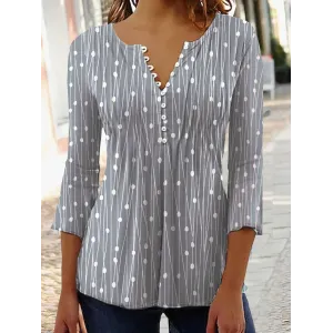 Fashion Printed Long Sleeved Shirt V-neck Blouses Ladies