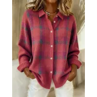 Women's Contrast Plaid Knit Sweater Casual Long Sleeve Pullover Top For Fall Winter Clothing