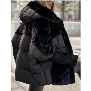 Women's Loose Cotton Coat Faux Fur Patchwork Winter Coat Comfort Chic Long Sleeve Hooded Jacket