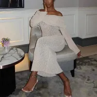 New One-shoulder Knitted Long-sleeved Dress Sexy Beach Holiday Long Dresses Womens Clothing
